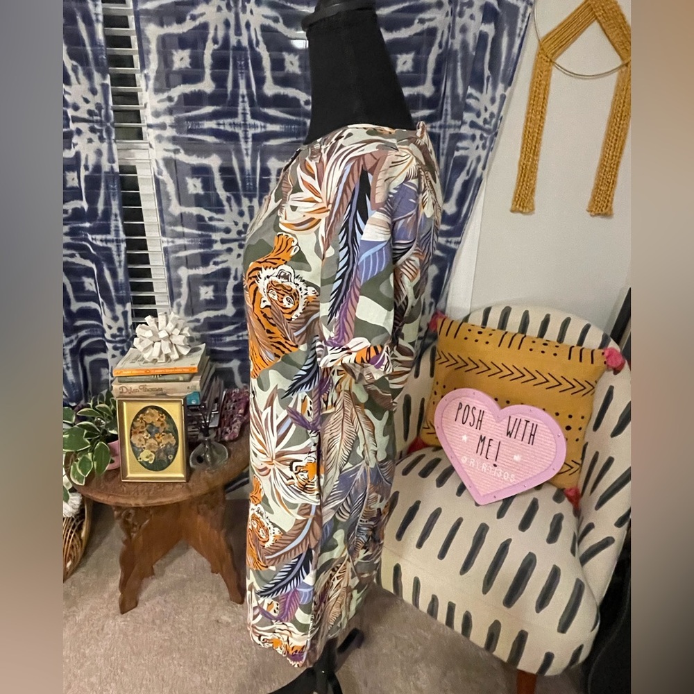 Womenβs Topshop Short Sleeve Tiger and Camo Print Shift Dress Spring Vacay Sz L - Picture 11 of 14
